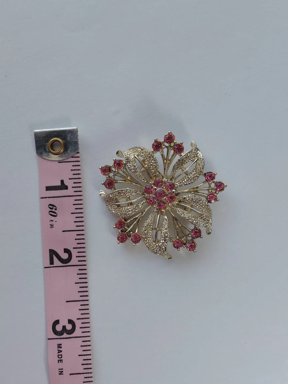 Vintage Flower Starburst with Pink Crystals Gold Tone Brooch Pin
